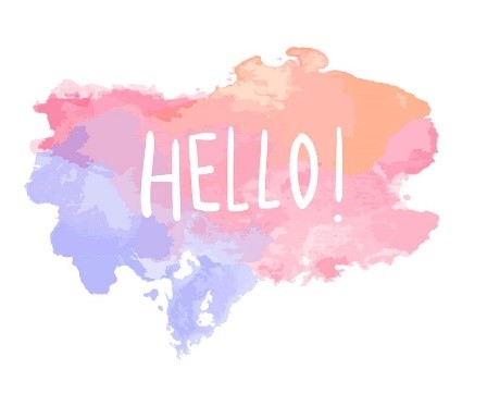 A decorative message saying 'Hello!' White lettering displayed on a pink and purple cloud.