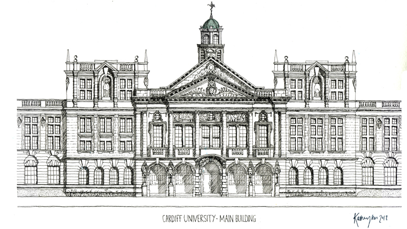 A pen and ink drawing of Cardiff University's main building