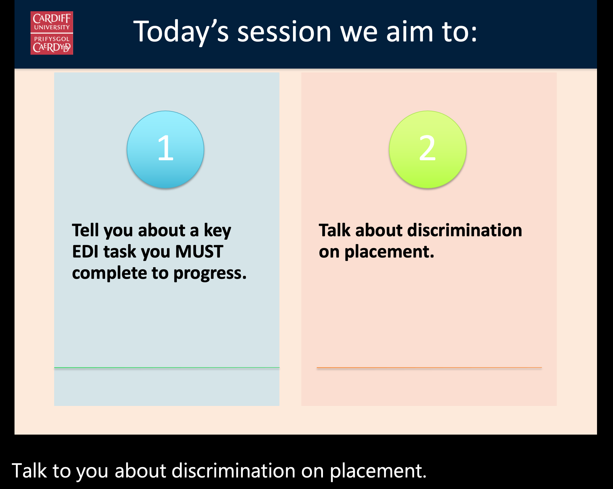 My slide with white text underneath from closed captioning "Talk to you about discrimination on placement"