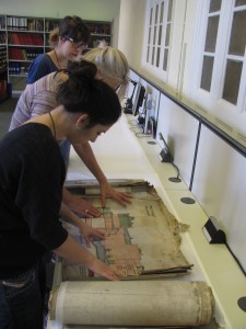 Susan Catcher, Senior Paper Conservator assessing working drawings with students from Camberwell College.