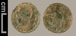 Roman coins from the Dean Heritage Centre before treatment, showing reddish copper oxide (cuprite), bright green malachite, and blue azurite.