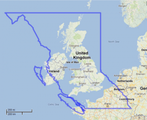 Scale outline of B.C. on map of the UK 