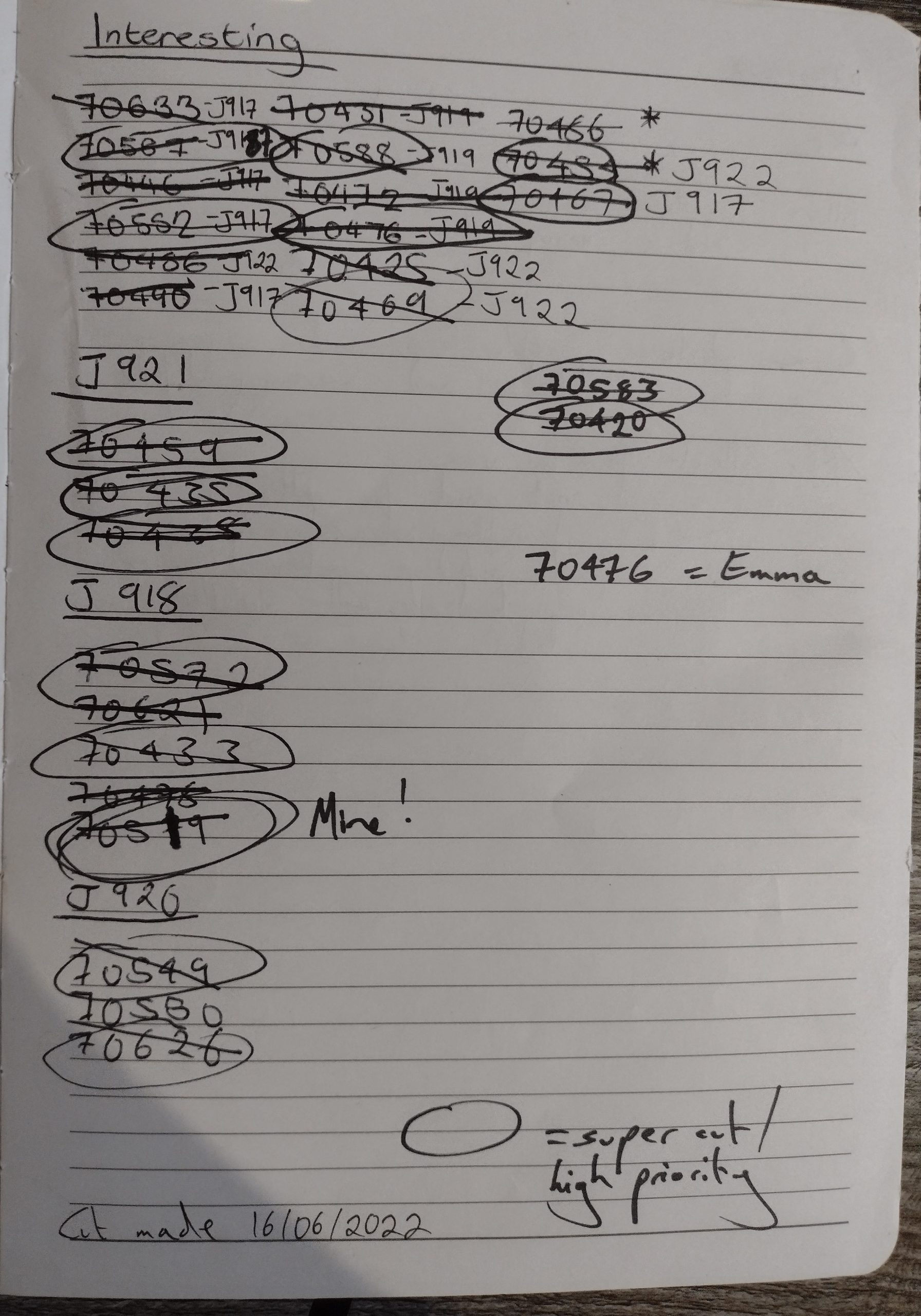 A list of object numbers handwritten in a notebook with the title 'Interesting'. Some numbers are circled and/or have lines struck through them. Next to the number 70519 is written 'Mine!'