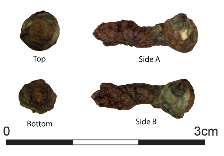 The top, bottom and two side views of the top section of a pin before and after cleaning. Before cleaning, the shape and colour of the pin is obscured by brown soil and corrosion products: a small section of copper gilding is visible at the very head of the pin from one side view. After cleaning, the green shaft and round shape of the head are visible, as is a larger patch of remaining copper gilding.