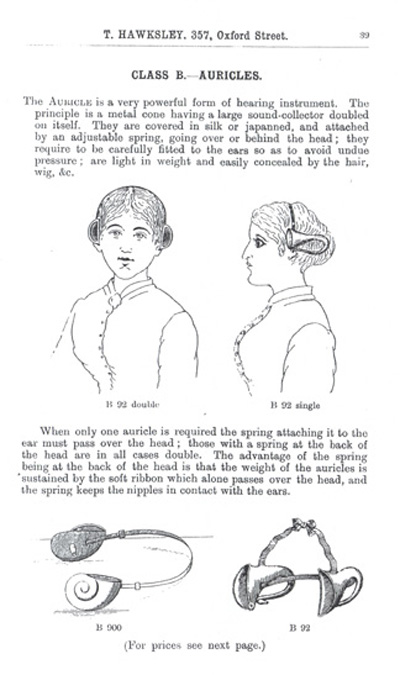 Acoustic headband hearing cornet (or 'Auricles') from the T. Hawksley & Son catalogue, showing how they would be worn on a woman's head and two different styles. 