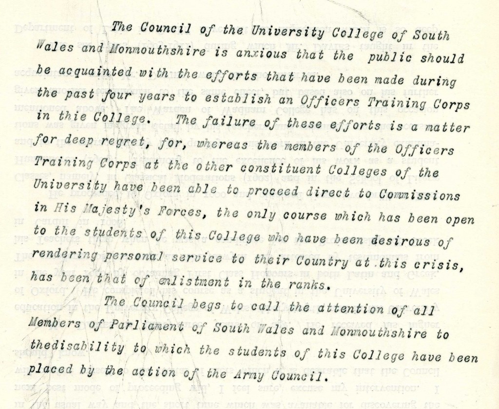 A public announcement made by the Unicersity College Council about the failed attempts to establish an OTC in Cardiff, 1914.