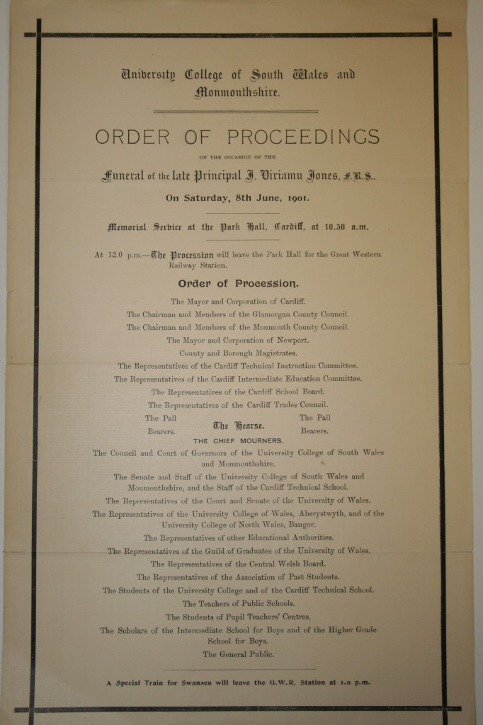 Order of Proceedings for Viriamu Jones' Funeral [Ref.: UCC/P/L&P/31]