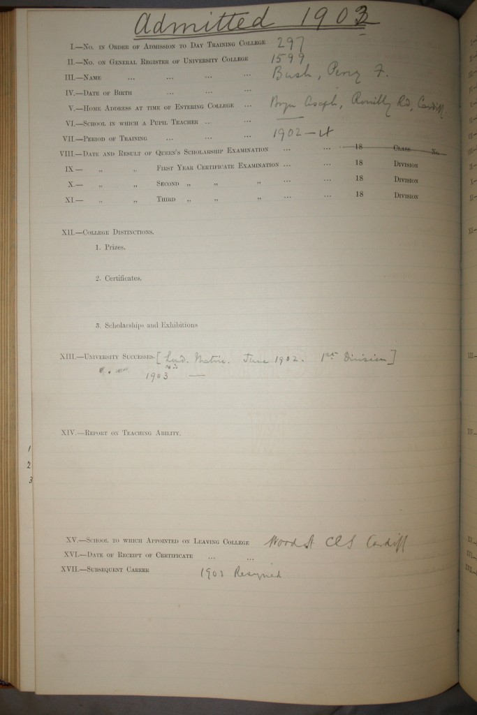 Percy Bush's entry in the General Register of Men Students No 1 - Normal Department [Ref.: UCC/R/AC/REG/DTC/1].