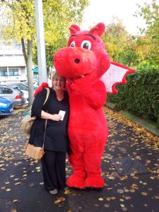 Vicki with Dylan the Cardiff University mascot