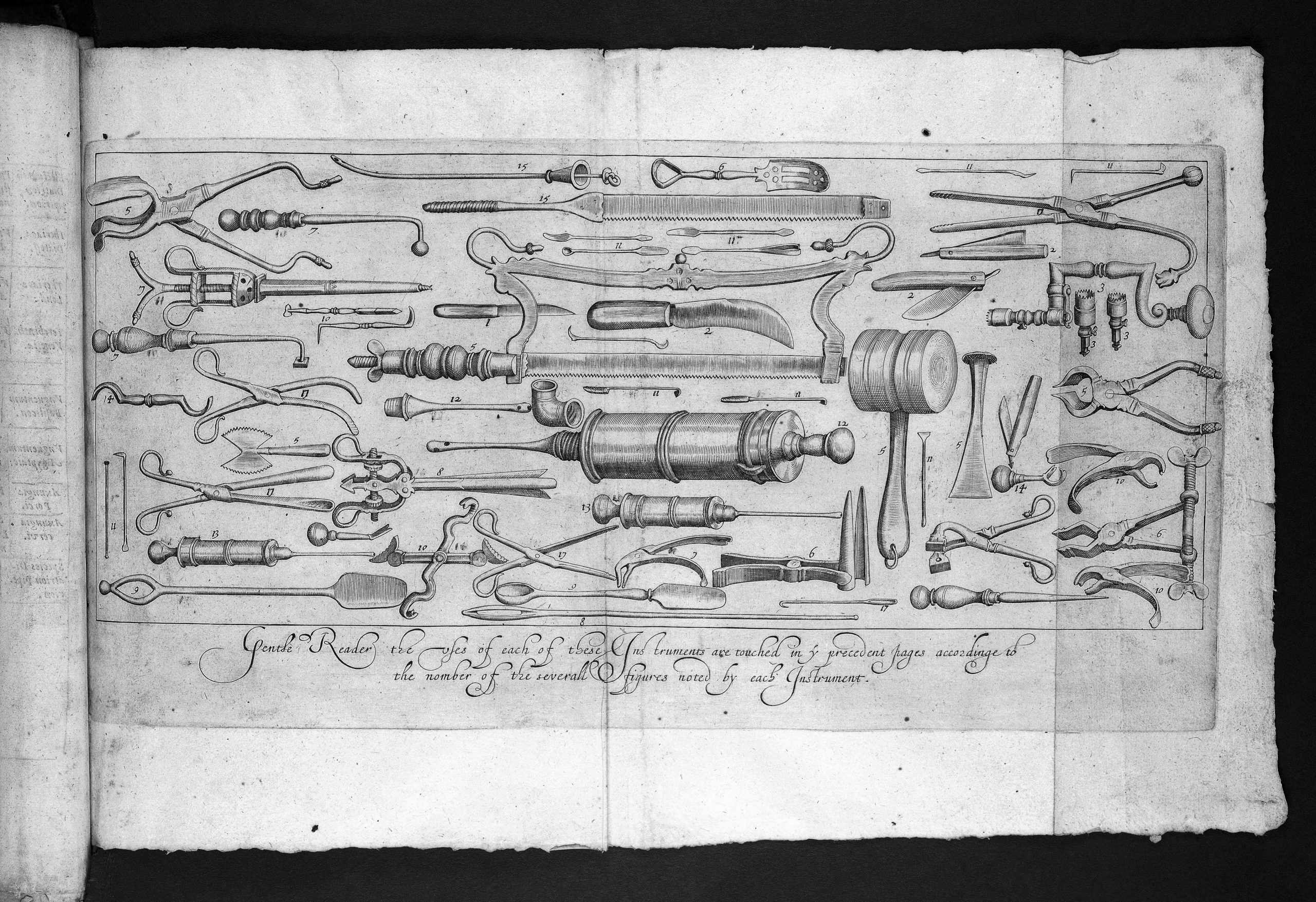• Instruments recommended by Woodall for the sea surgeon's chest. From The Surgeons Mate or Military and Domestique Surgery [John Woodall]. Source: Wellcome Collection.