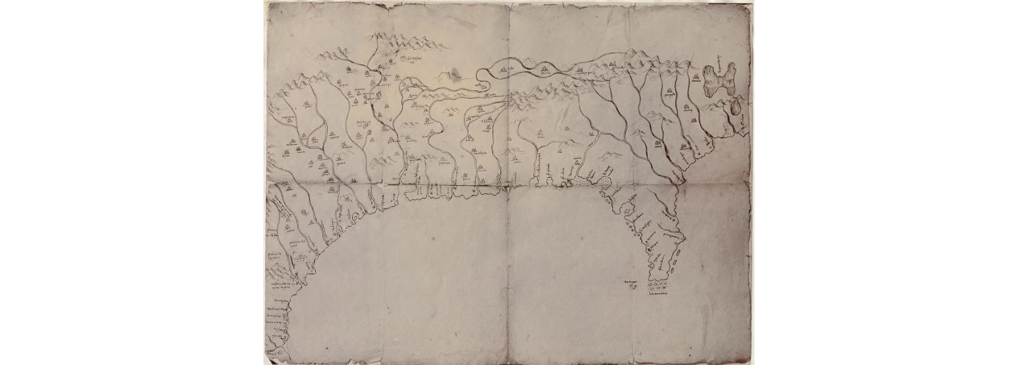 Alonso de Santa Cruz and Archivo General De Indias, Mapa del Golfo y costa de la Nueva España: desde el Río de Panuco hasta el cabo de Santa Elena. [?, 1572] Map. Library of Congress, https://www.loc.gov/item/2003623374/. This map, commonly referred to as the “Soto map” was drawn using knowledge from captured Indigenous informers and the Spaniards who went on the expedition of Hernando de Soto. It shows the rivers that Spanish colonists learned about and failed to access. The map fails to accurately depict the overland route of the expedition. AltText: This is a map showing the Gulf of Mexico from present-day Texas to Florida. The whole bottom half, meant to depict the ocean, is blank. From the ocean into the continent run many rivers, which are marked with an icon meant to represent Native American towns.