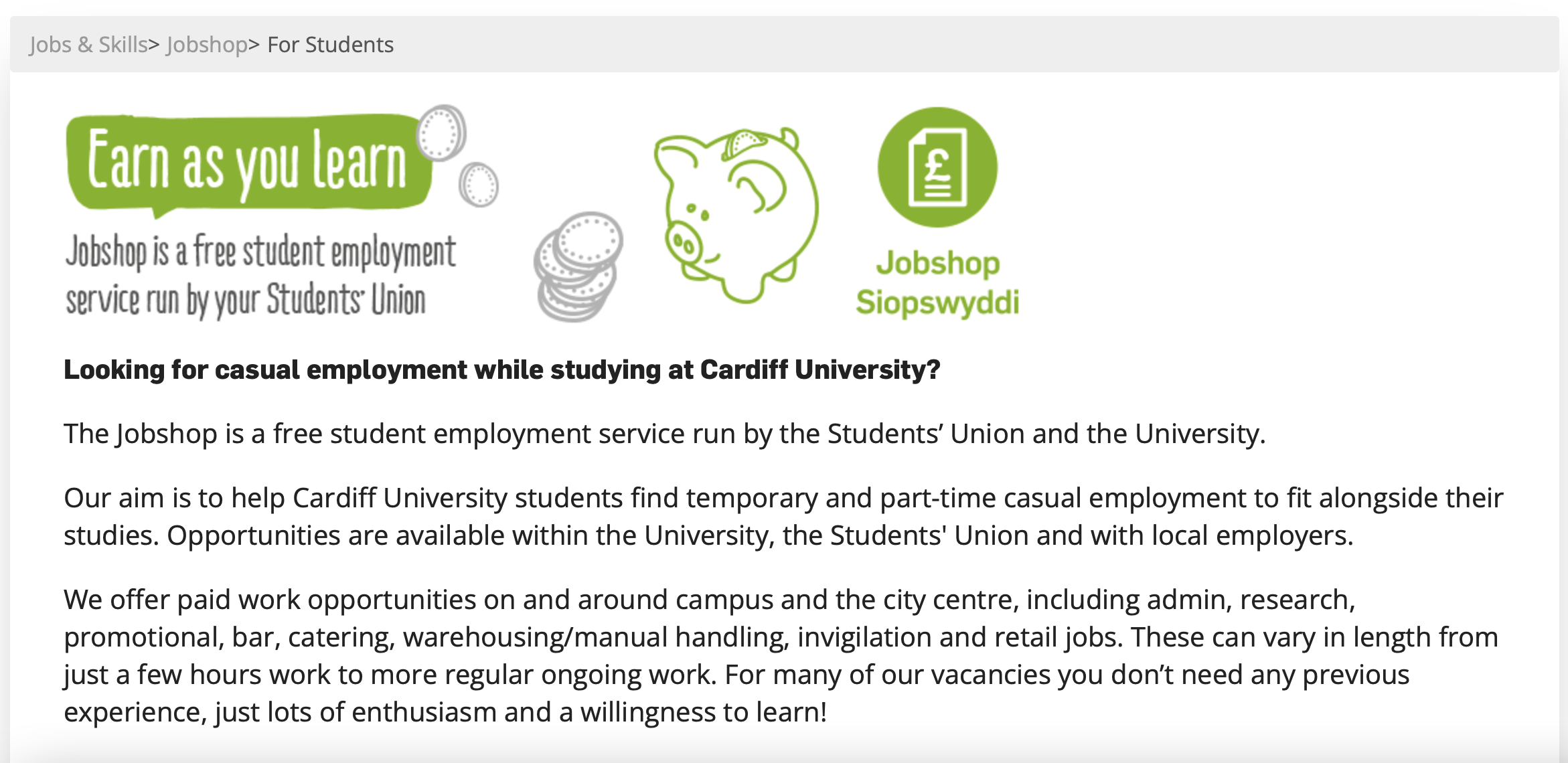 You can access Jobshop on the Students' Union website. There page will look like this: