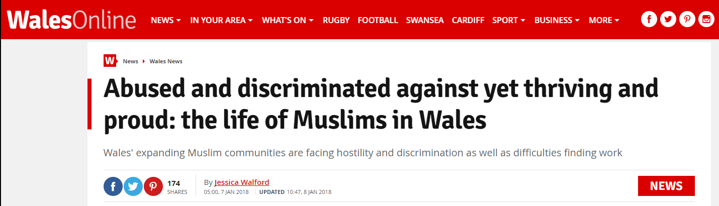 Screenshot of headline of Wales Online story on life of Muslims in Wales
