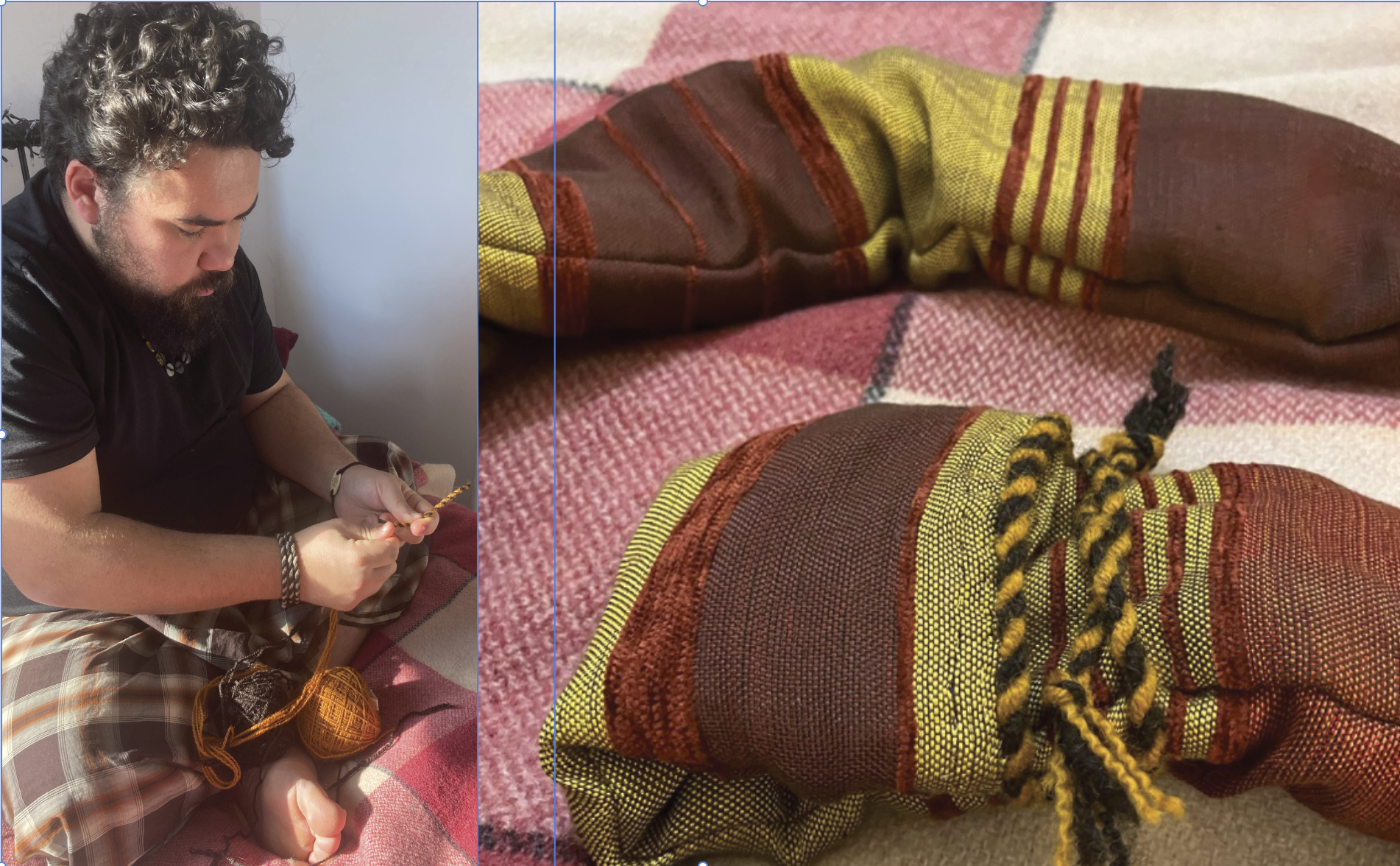 A composite of two images. On the left, a young bearded man in robe and t-shirt is plaiting strands of orange and brown wool into a cord; balls of both wools are visible by his knee. On the right, the fabric bag is folded to reveal various panels of red and gold fabric, tied at one end by the plaited orange and brown cord.