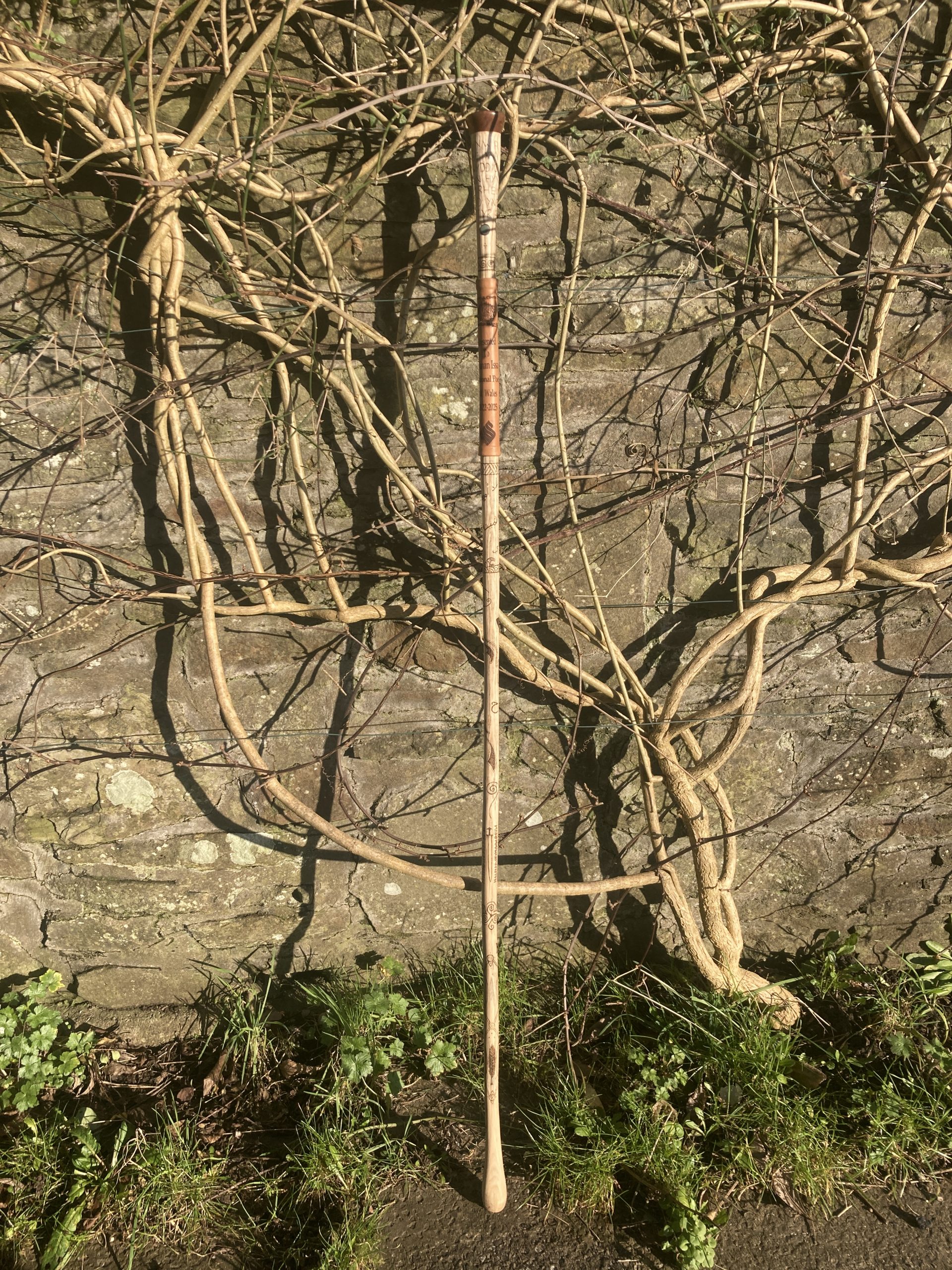 A carved and decorated staff leans against a bare tree climbing a stone wall.