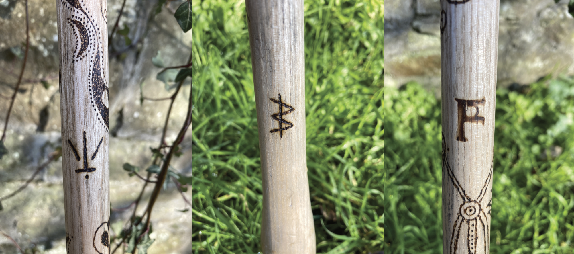 A composite of three images of pyrographed makers marks on the wooden staff. Each mark is described in the blog text above.
