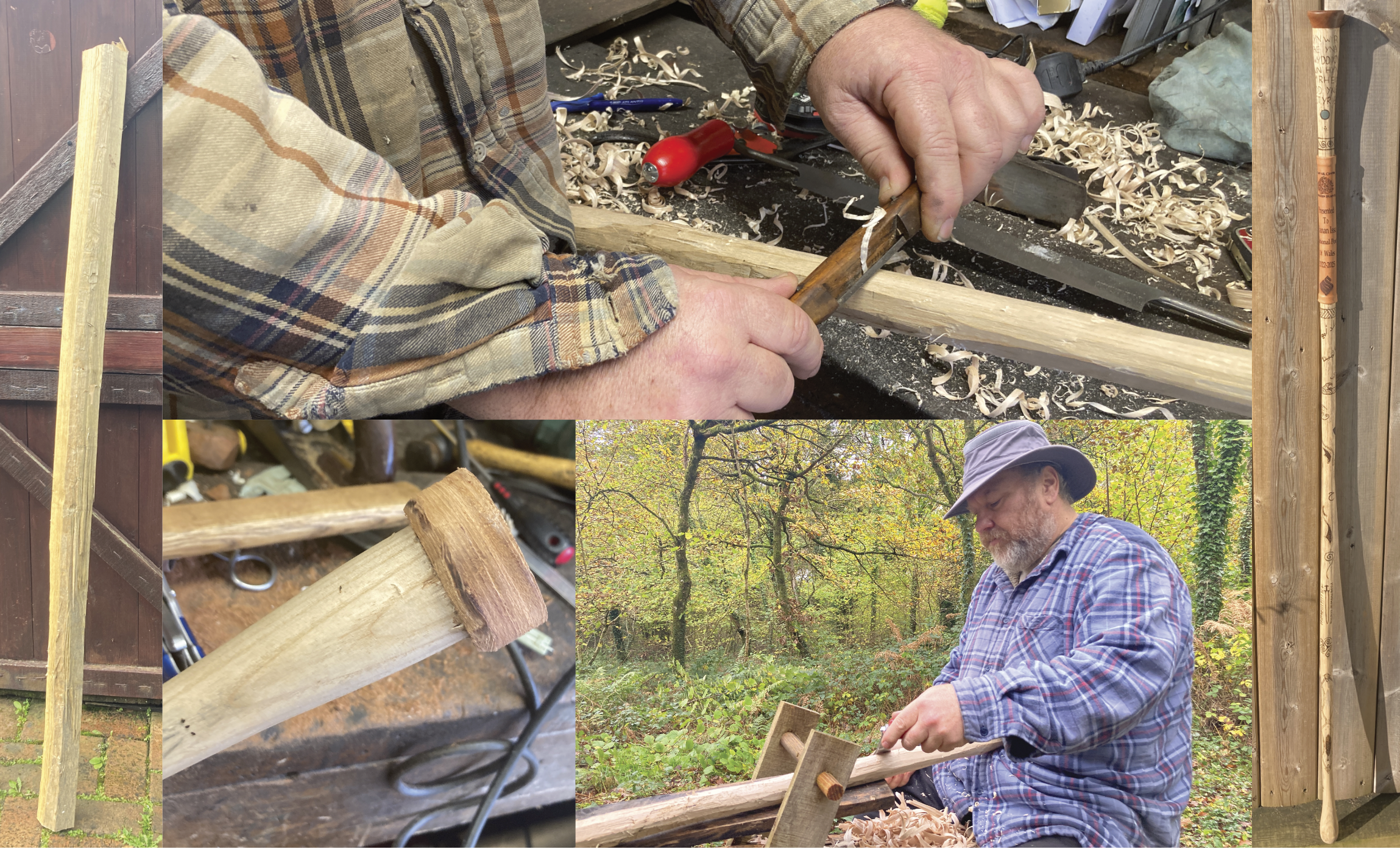 Composite of images of creating the staff. On left, the raw wood pole. At top, the pole being shaved by a knife: it sits on a work surface with some wood shavings, and the carver (in brown checked shirt, only chest, arms and hands visible) draws a knife along the pole. Bottom left is a closeup of the staff with the leather attached, and bottom right is the carver outside with leafy trees in the background. He is seated with the pole before him supported on a wooden structure as he shaves flakes of wood from the pole; a pile of wood shavings is between him and the pole. He is bearded with a full-brimmed hat and wears a blue checked shirt. Along the right edge is a long image of the finished staff with leather and pyrographic markings.
