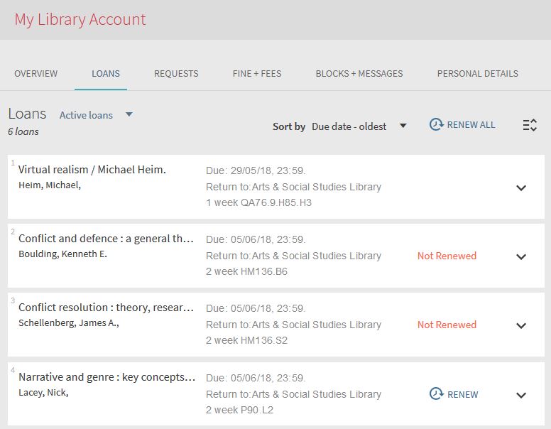 Screenshot of new LibrarySearch 'My Library Account' loans page.