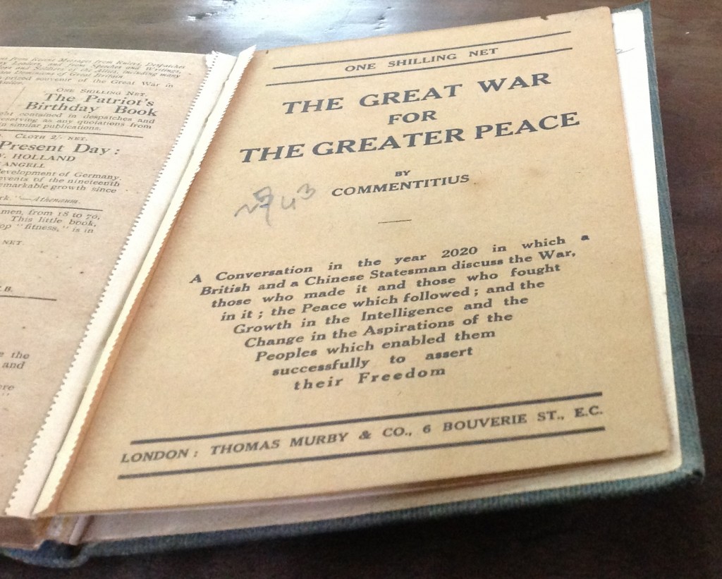 be 'One of the sources I consulted at the Theosophical Society library in Adyar, published in 1916 and giving a Theosophical interpretation of the Great War (1914-19) as if from the perspective of a British and Chinese statesman looking back at events from 2020.'