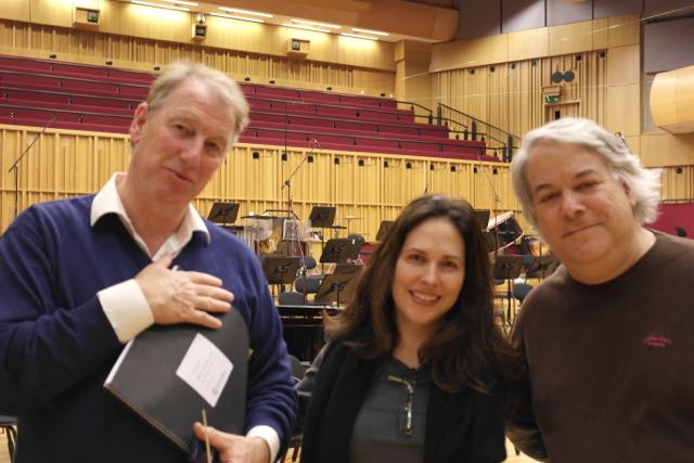 Dr Sierra with conductor Jac Van Steen and Producer David Starobin of Bridge Records at BBC Hoddinott Hall, after recording sessions for the disc “Game of Attrition: Arlene Sierra, Vol. 2” in 2013