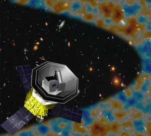 3D model of LiteBIRD satellite in front of an image of stars, galaxies and the CMB