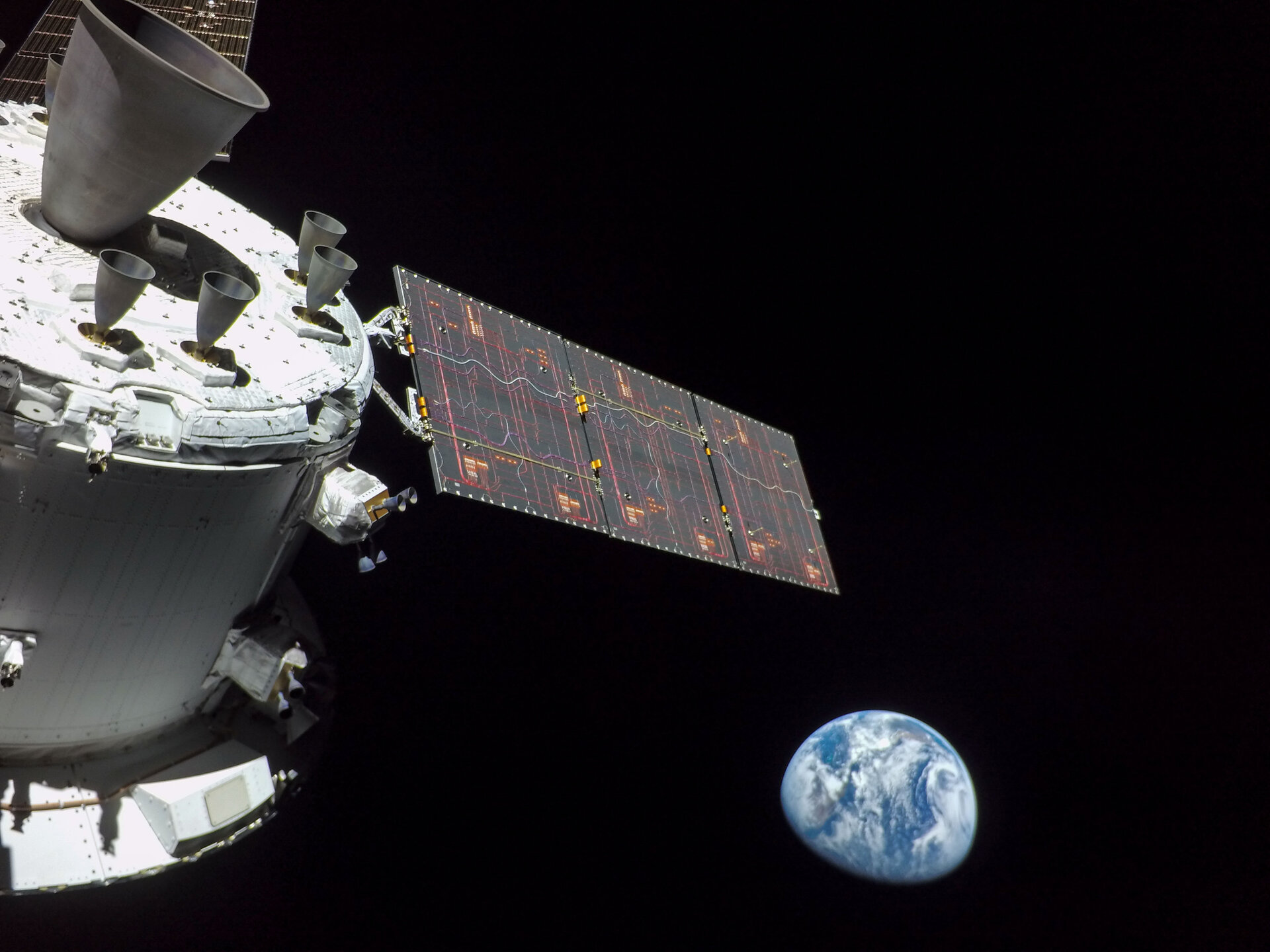 Space view of ESA's European Service Module powering NASA's Orion spacecraft to the Moon.