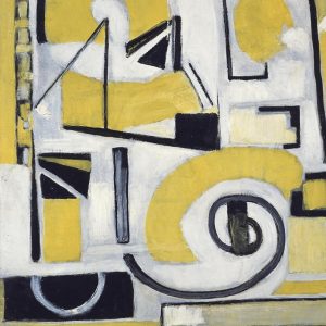 Cover of The Penguin Book of Existentialist Philosophy, featuring Marie Raymond's painting Arabesques ou Variations sur la volute, 1948, oil on canvas, 91 x 72.5 cm, © ADAGP, Paris, banque d’images de l’ADAGP Painting is an abstract of bold curves, lines, rectangles, and the suggestions of triangles in yellows, whites, greys, and black. https://marieraymond.com 