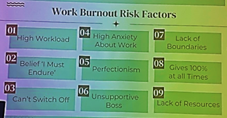 1. High workload2. Belief I must endure 3. Can’t switch off 4. High anxiety about work 5. Perfectionism 6. Unsupportive boss 7. Lack of boundaries 8. Gives 100% at all time 9. Lack of Resources 