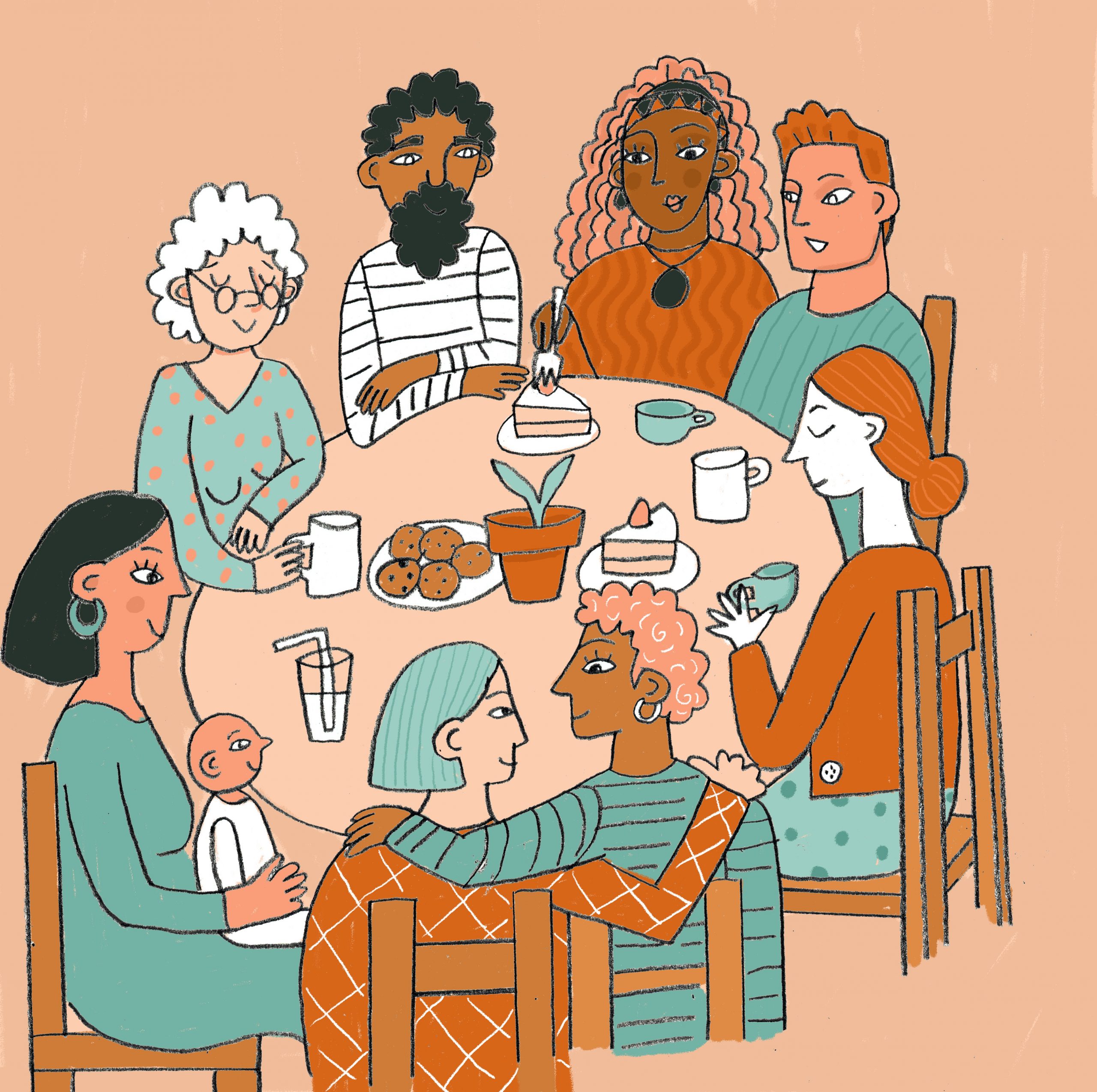 A drawing of a group of people sitting around a table with biscuits, cake and mugs of tea. 