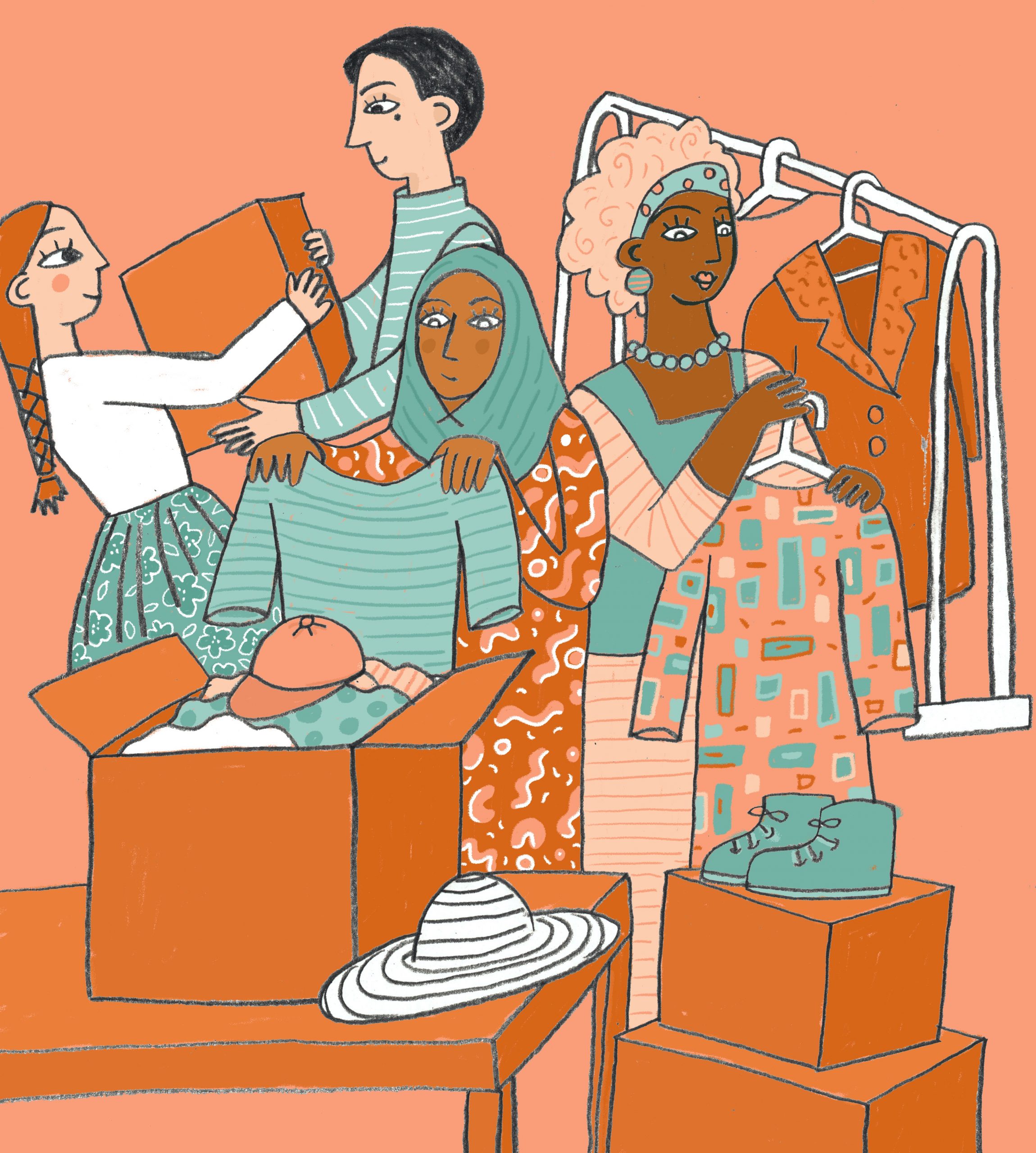 Illustration of people working to unpack and hang up boxes of clothes.