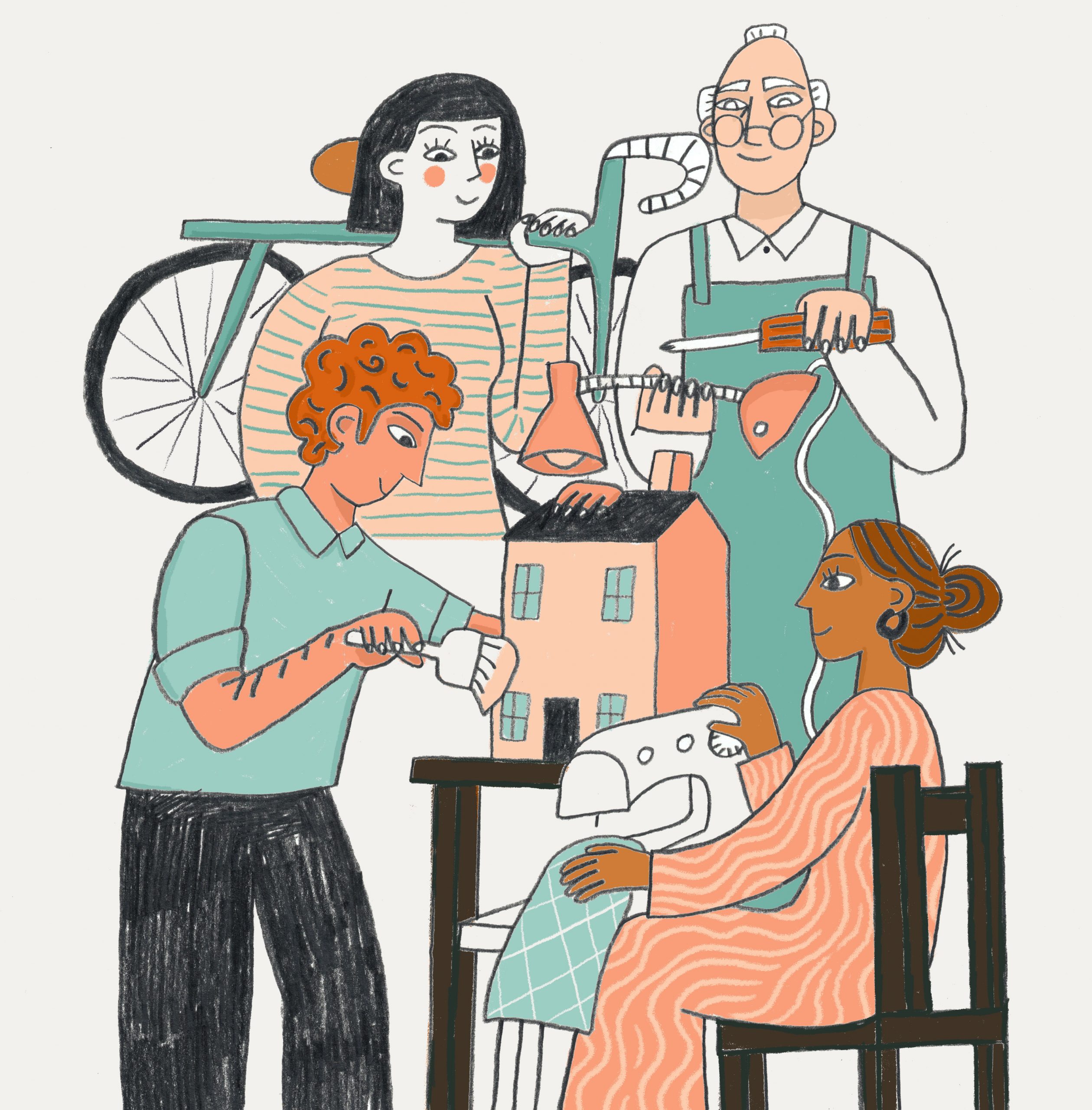 Drawing of four people repairing different objects: a bicycle, a doll's house, a lamp and an article of clothing