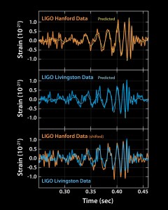 Characteristic chirp signal from a black hole binary observed by the LIGO detectors at Hanford and Livingston. The amplitude and frequency of the signal keep increasing but the signal suddenly terminates  when the two black holes merge.