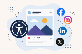 Illustration of a social media post alongside an accessibility symbol and social media platform icons, representing inclusive and accessible social media content.