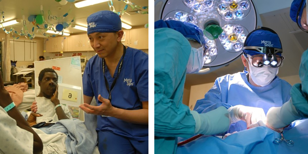 Patient trying to feel face after surgery and Dr Cheng in the surgical theatre. 