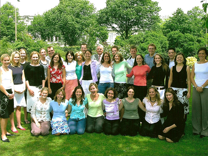 A group of Cardiff University post graduates (2003-2004) outdoors. 