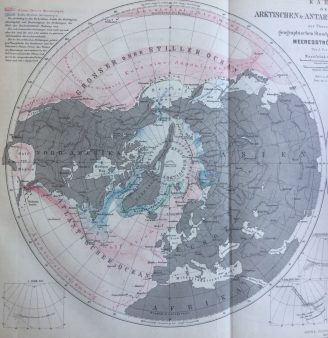 Petermann’s polar projection map of ocean currents in the Arctic and a crosspolar land bridge, 1865 (Source: Petermanns Geographische Mitteilungen, 1865) © J. Woitkowitz