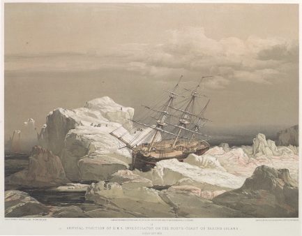 Samuel Gurney Cresswell, Critical Position of H.M.S Investigator on the North Coast of Baring Island, August 20th 1851, 1854. Lithograph, 44.3 x 61.2 cm. Courtesy of Toronto Public Library.