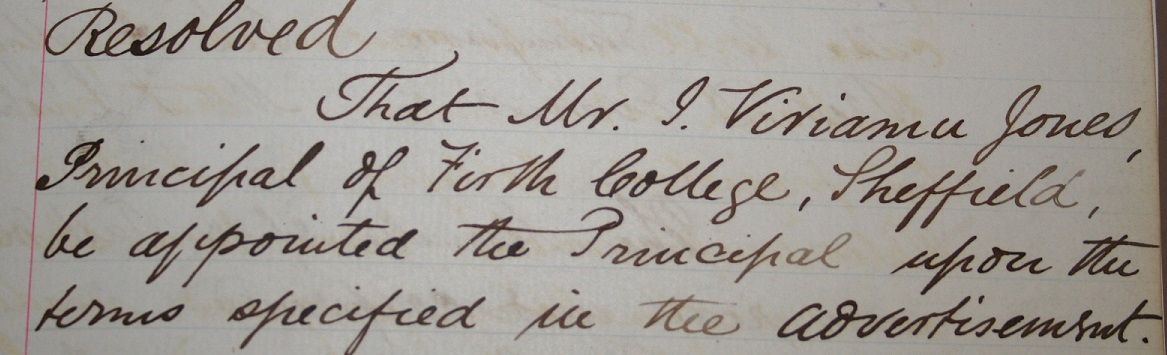 Resolution in the Council Minutes (June 1883) to appoint Viriamu Jones [Ref. UCC/CL/M/1]