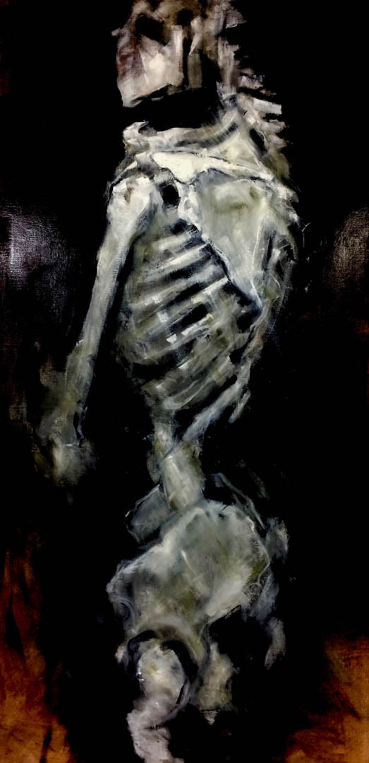 Oil-painted human skeleton in medium close-up.