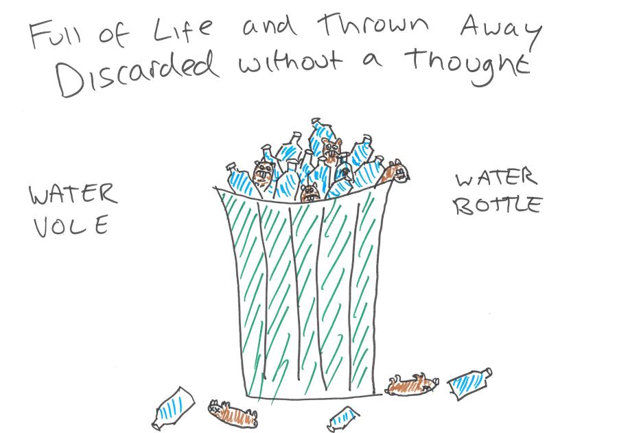 Example of one of the projects visual outcomes. It depicts a drawing of a bin full of plastic water bottles and dead water voles. With the text "Full of Life and Thrown Away Discarded without a Thought"