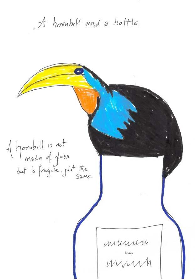Example of one of the projects visual outcomes. It depicts a Hornbill bird on a bottle. With handwritten text saying "A hornbill is not made of glass but it is fragile, just the same.