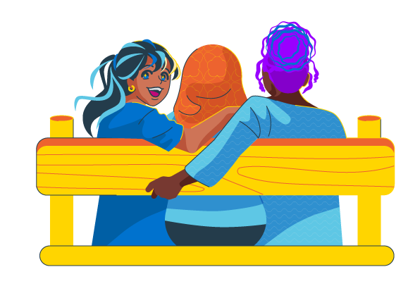 Graphic illustration of girls from a variety of backgrounds sitting on a bench
