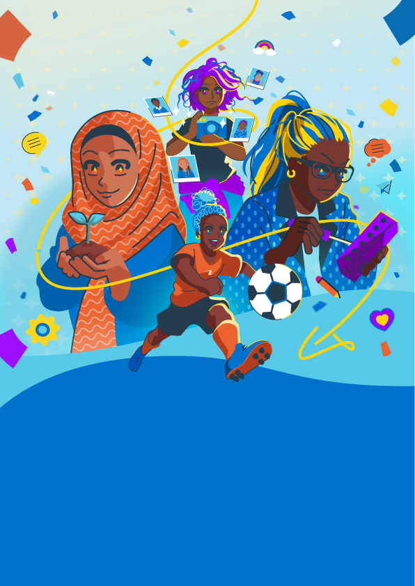 Graphic illustrtaion of girls from a variety of backgrounds engaging in sports and hobbies
