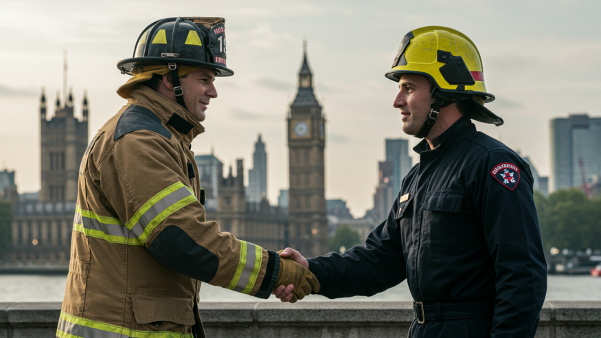 An Ai generated picture of an American and a British fireman shaking hands in front of Westminster, UK.