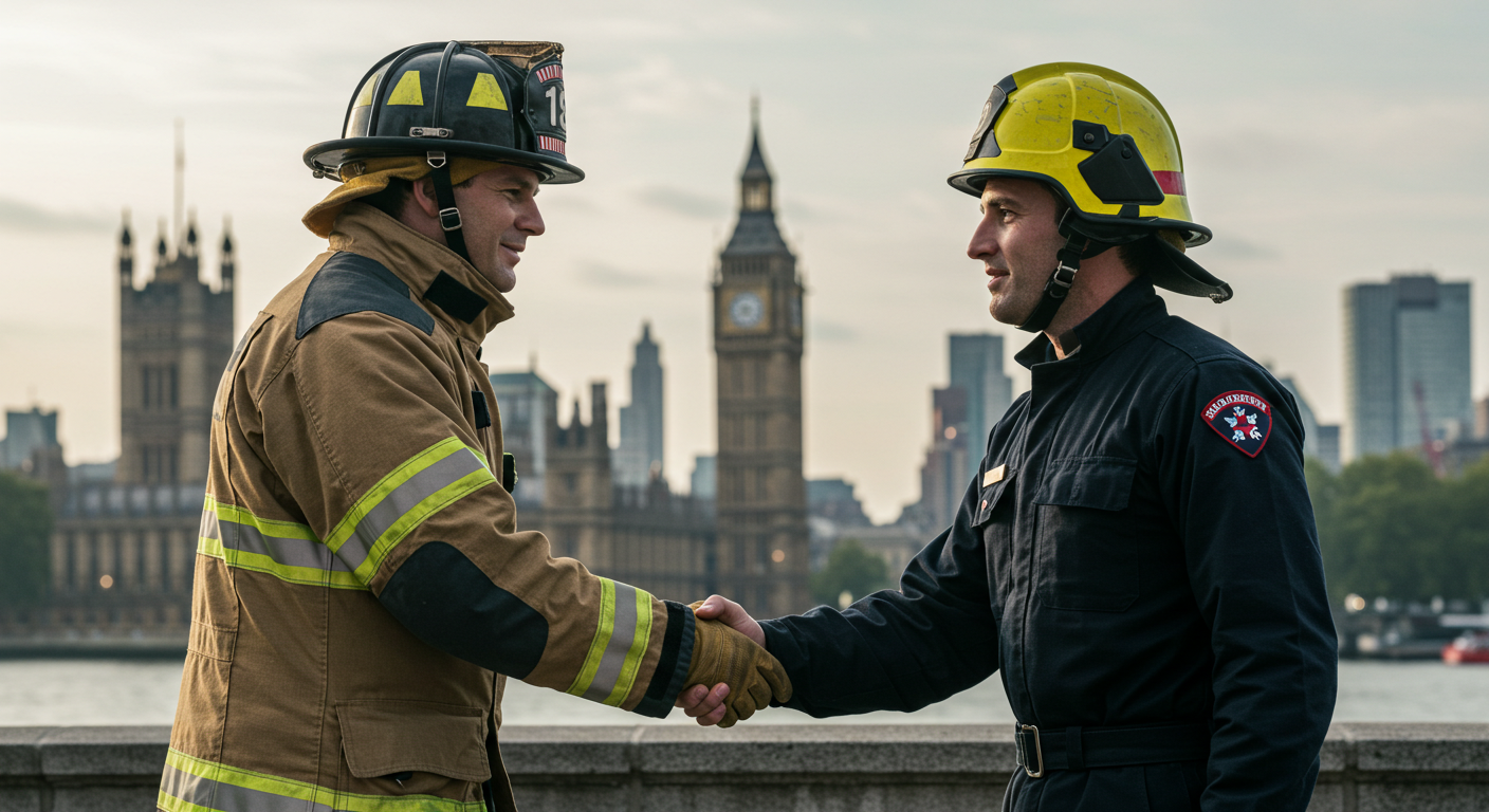 An AI generated picture of an American and a British fireman shaking hands in front of Westminster, UK.