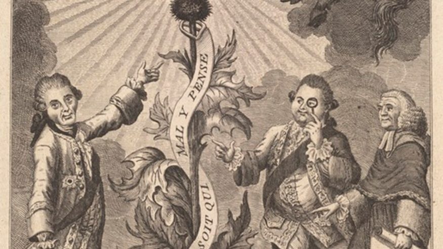 The Thistle Reel: in this print from 1775, the cartoonist mocks Lords Bute, Mansfield, and North, government ministers who had played a leading role in passing the Quebec Act (1774). Their dancing around a thistle while the devil plays the bagpipes above them reveals a popular theme in British and American debate: the Scottish influence on the government’s alleged coercion of America. (Boston Public Library, Arts Department, British Museum number 5285. American Revolution in Drawings and Prints number 782.) (https://www.digitalcommonwealth.org/search/commonwealth:9880w7823)