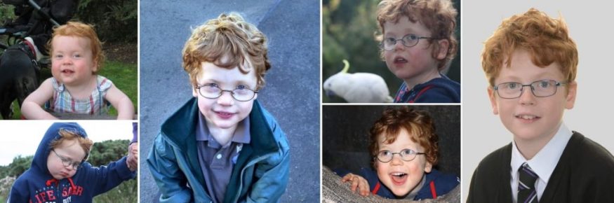 Composite of photos of Calvin Muir from early infancy to early teens. Calvin has fair skin, red wavy hair, and glasses.