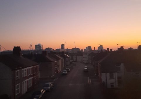 A sunrise over Cardiff (impressively taken from a moving train) 