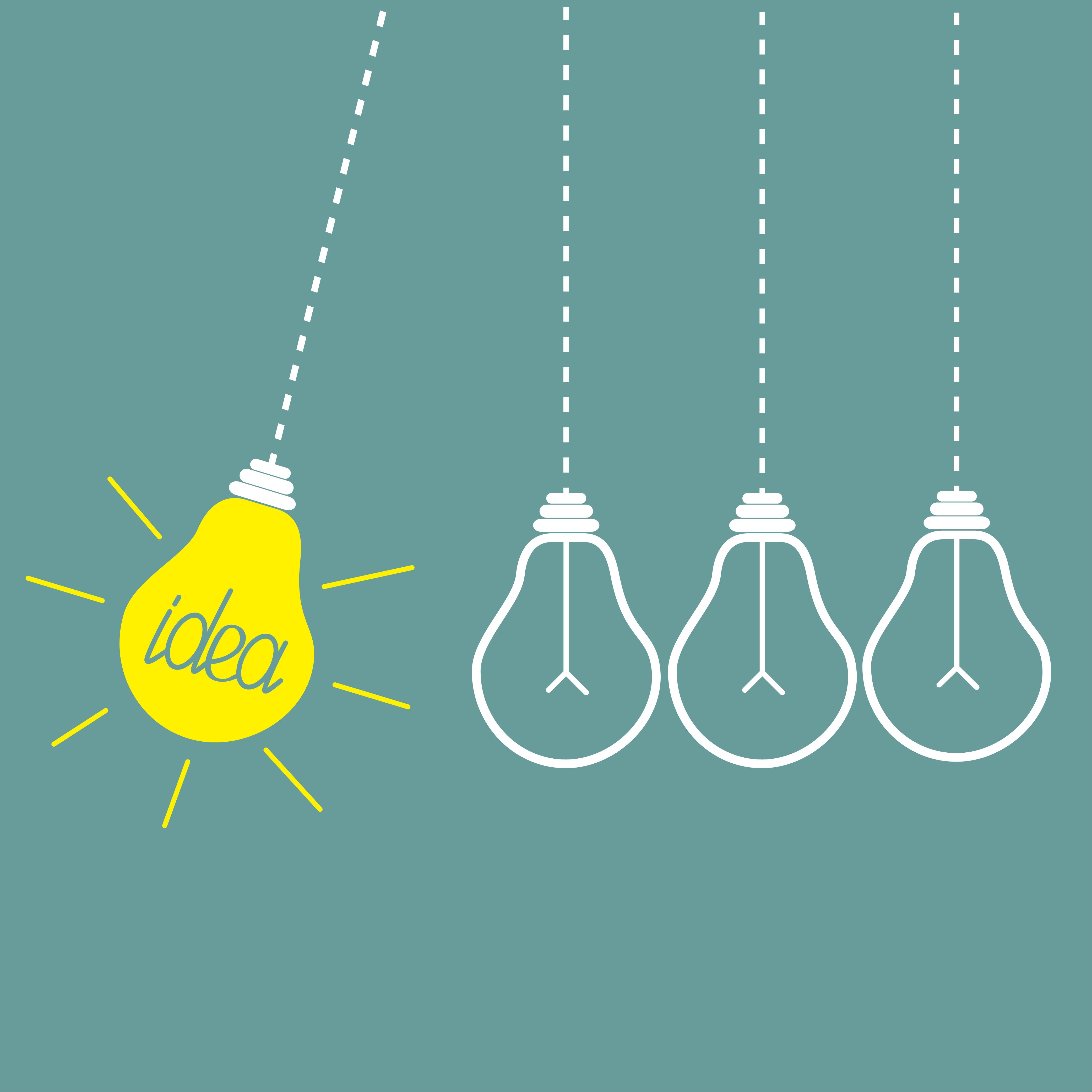 Four hanging yellow light bulbs. Perpetual motion.  Idea concept. Vector illustration.