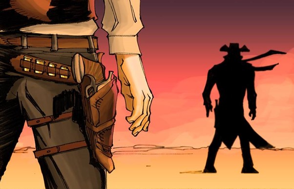 Two cowboys, hands hovering over their pistols, ready to shoot in a duel